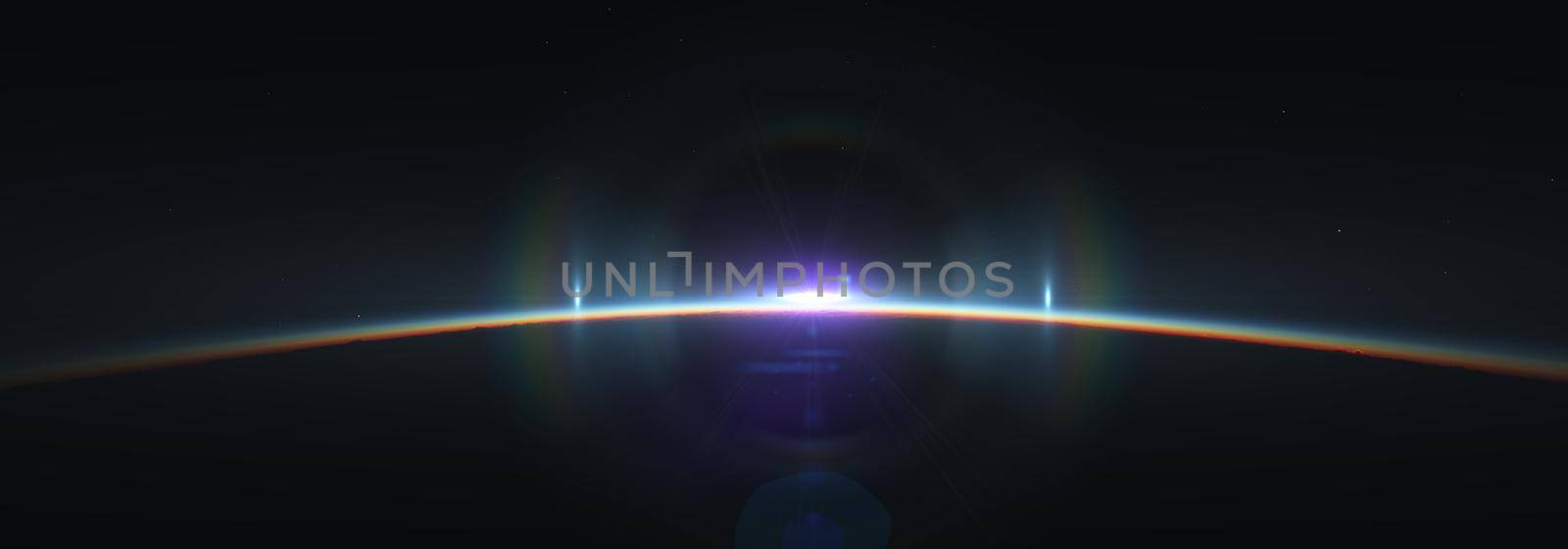 Earth sunrise from space over cloudy ocean. 3d rendering illustration