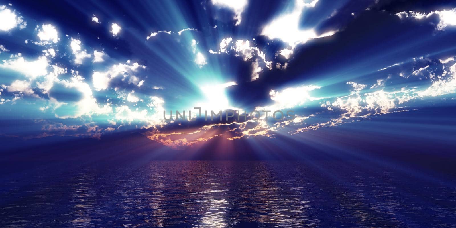 sunset sea sun ray clouds, 3d rendering by alex_nako