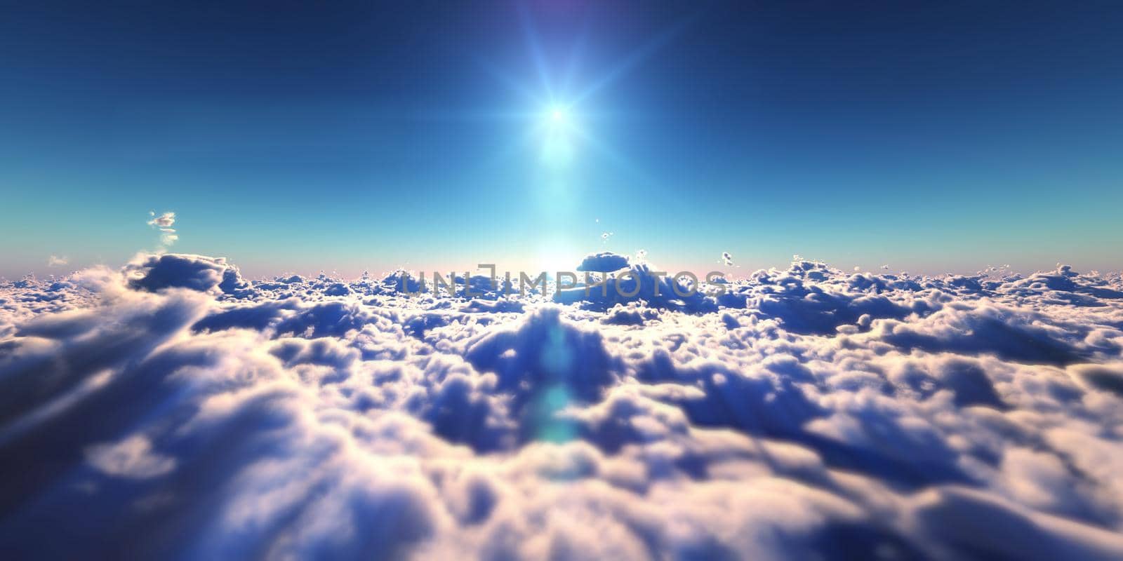 fly above clouds sunset landscape, 3d render illustration