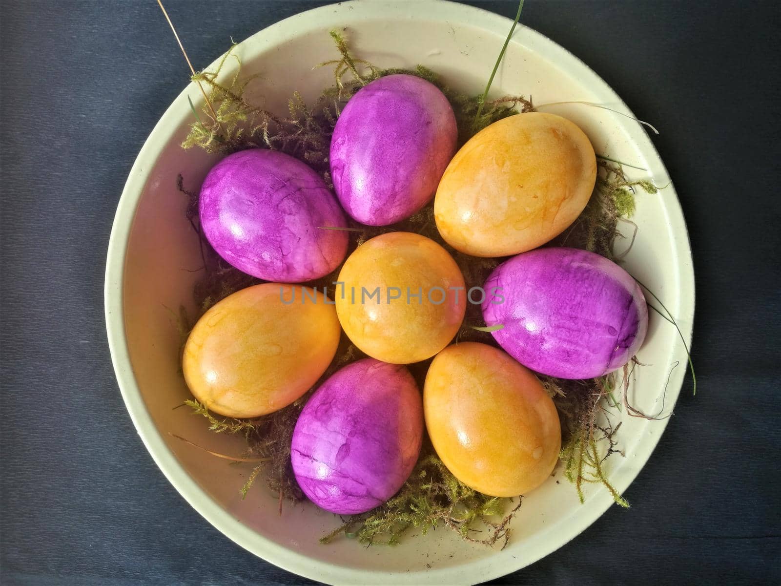 Easter decoration purple and yellow eggs