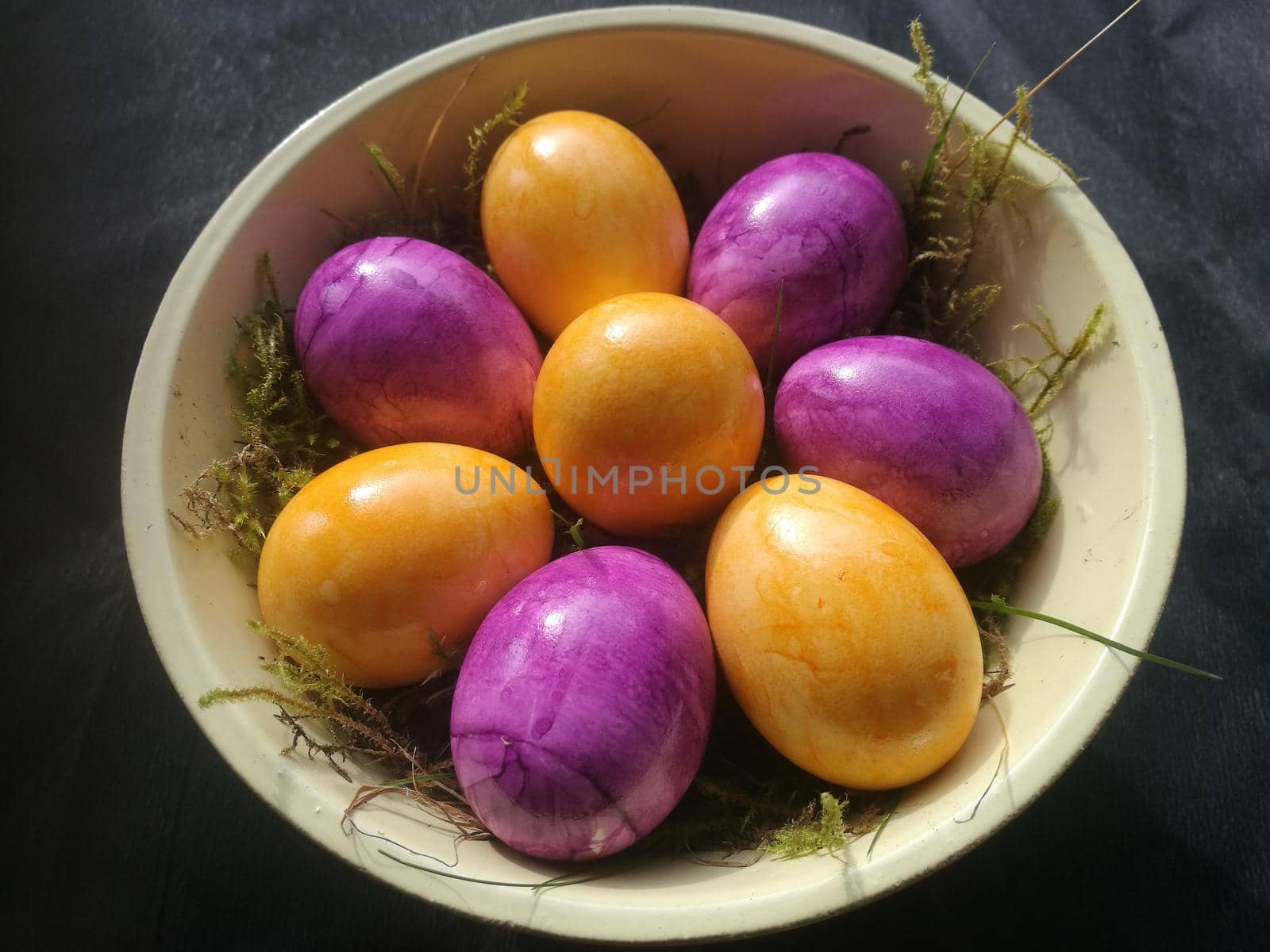 Easter decoration purple and yellow eggs