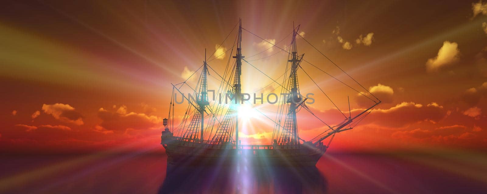 old ship sunset at sea 3d rendering by alex_nako