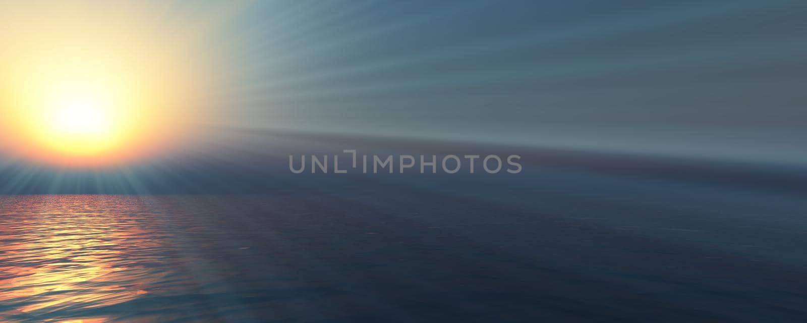 sunset sea sun ray clear sky, 3d rendering illustration