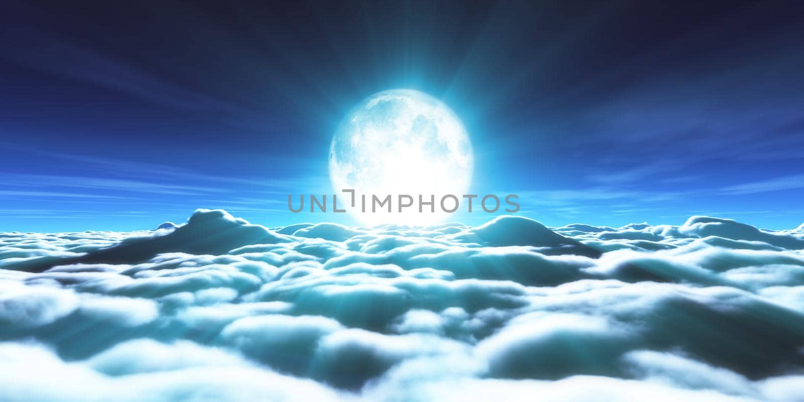 above clouds full moon illustration, 3d rendering
