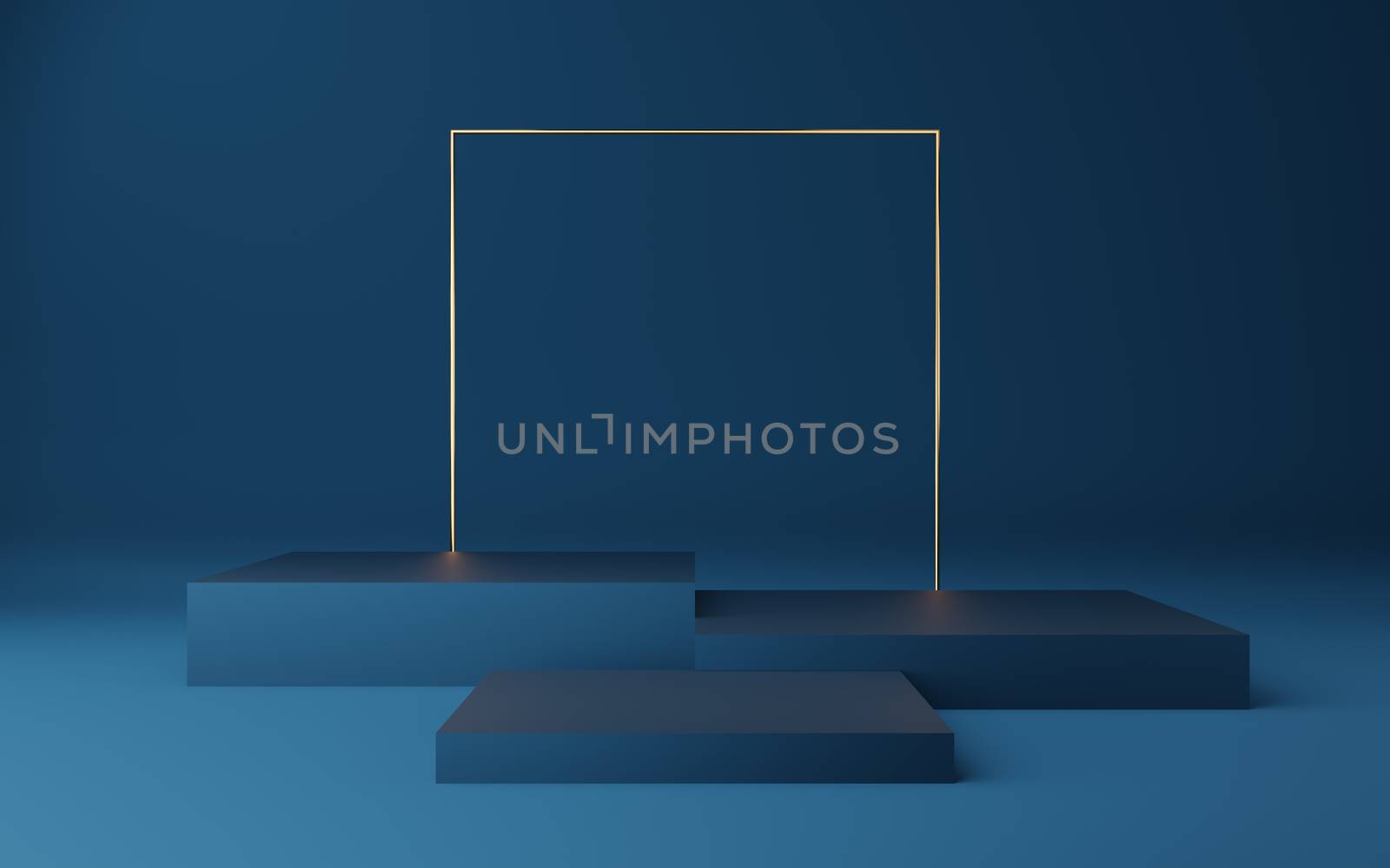 Empty blue cube podium with gold border and gold square on blue background. Abstract minimal studio 3d geometric shape object. Mockup space for display of product design. 3d rendering.