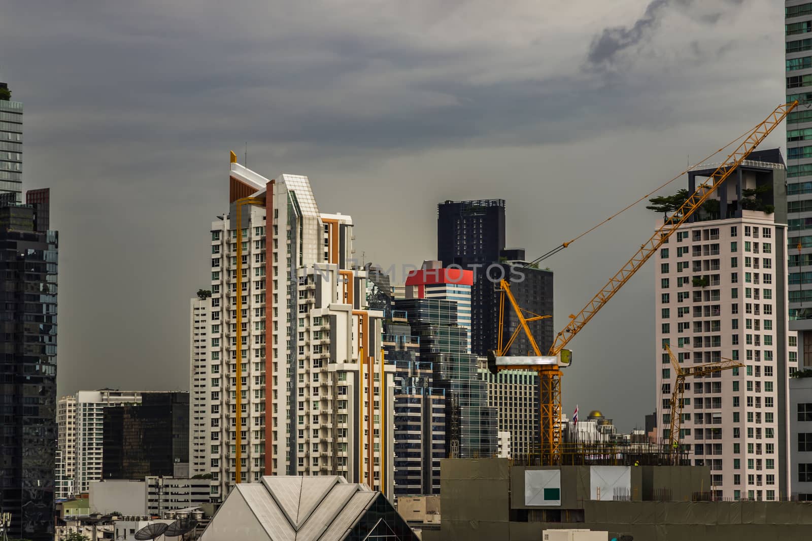 Bangkok beautiful skyscrapers. Bangkok city district office building and center for business in the evening. Selective focus.