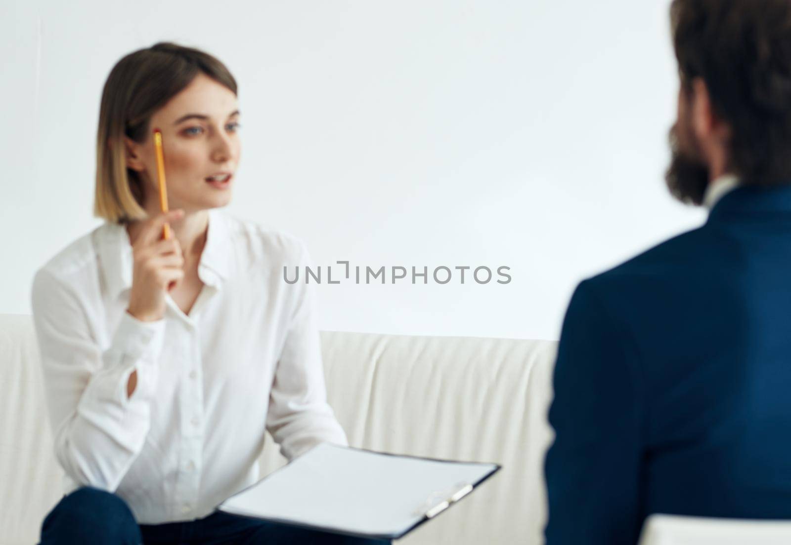 job resume woman and man suit documents communication people. High quality photo