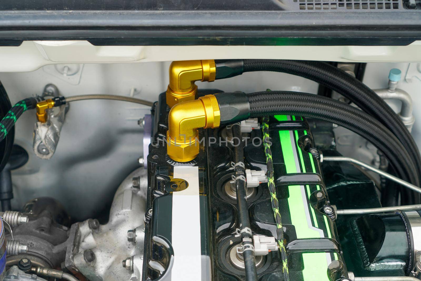 Double braided nylon Hose and fittings on diesel racing car