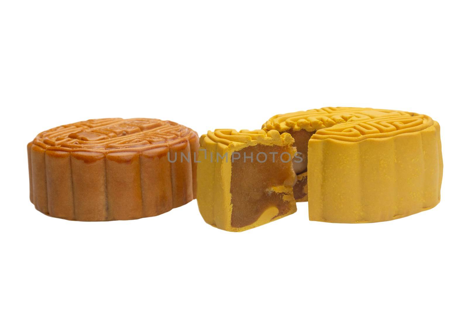 Traditional mooncake with durian and nuts filling on white background, Clipping path included