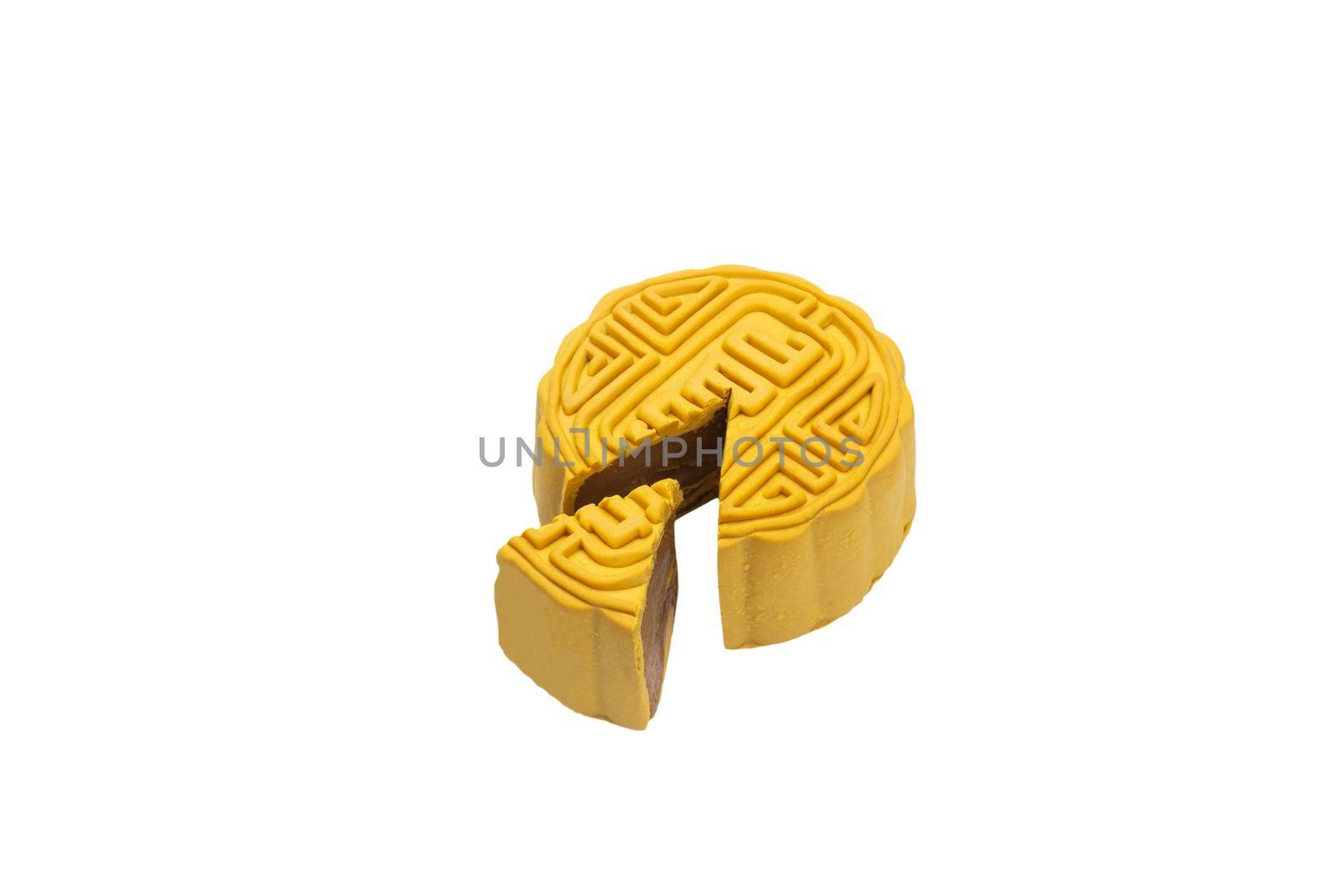 Traditional mooncake with durian and nuts filling on white background, Clipping path included