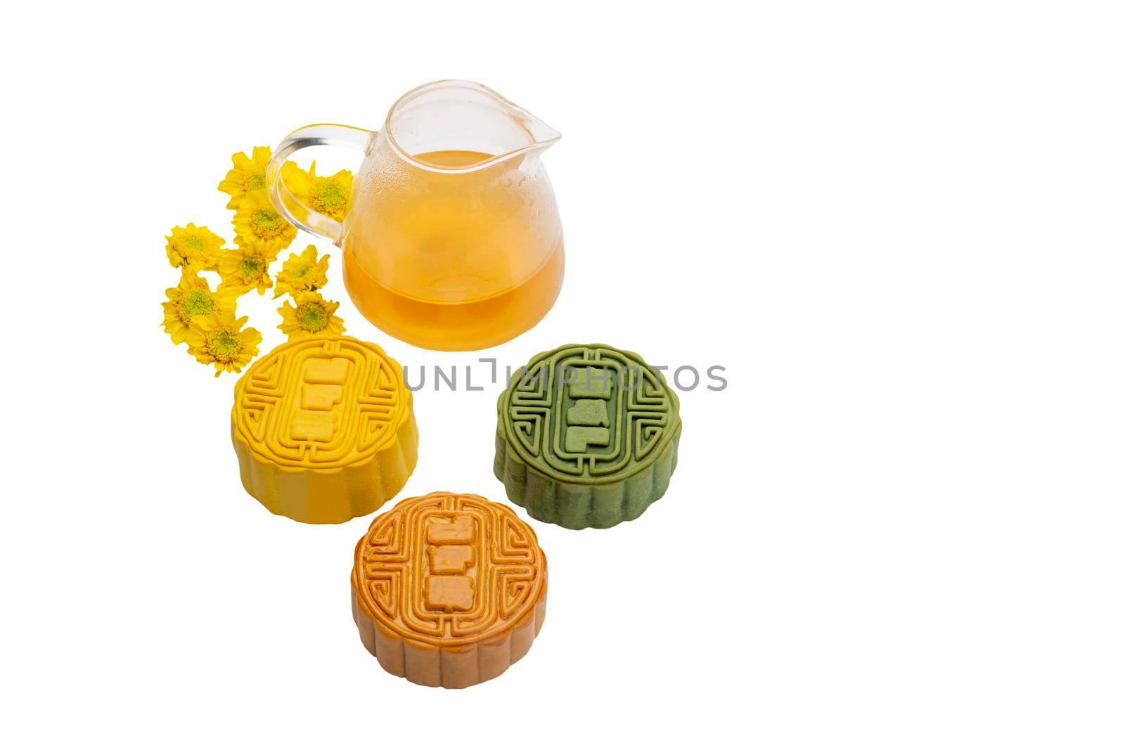 Traditional mooncake with durian and nuts filling on white background, Clipping path included by toa55