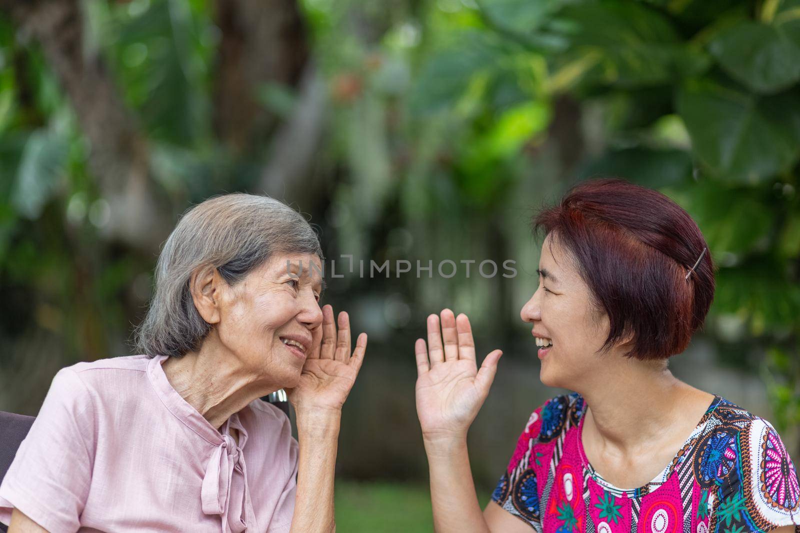 Daughter talking to hearing impaired elderly woman by toa55