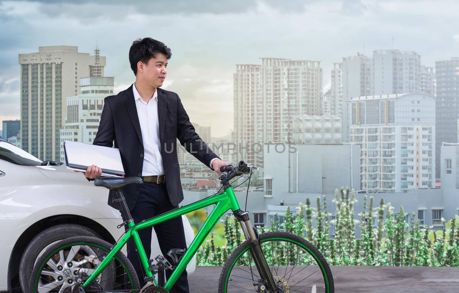 Businessman go to work with bicycle on Car Free Day in the City by toa55