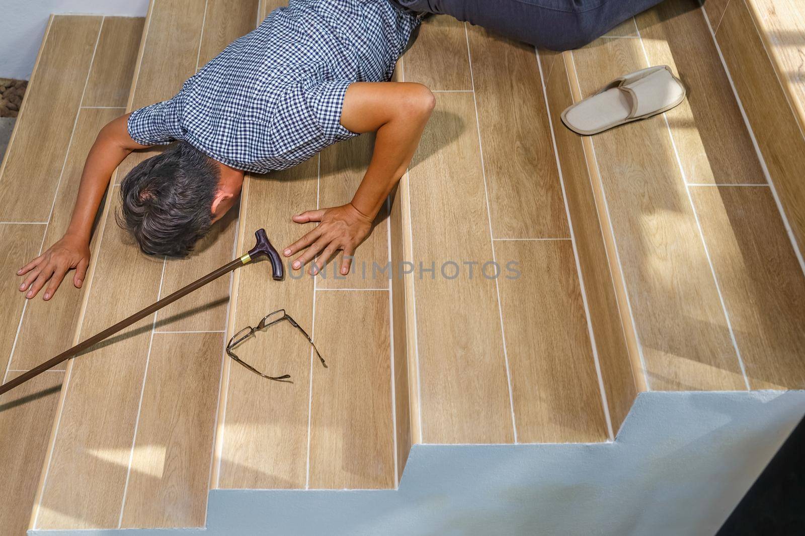 Senior man with stick falling down stair by toa55