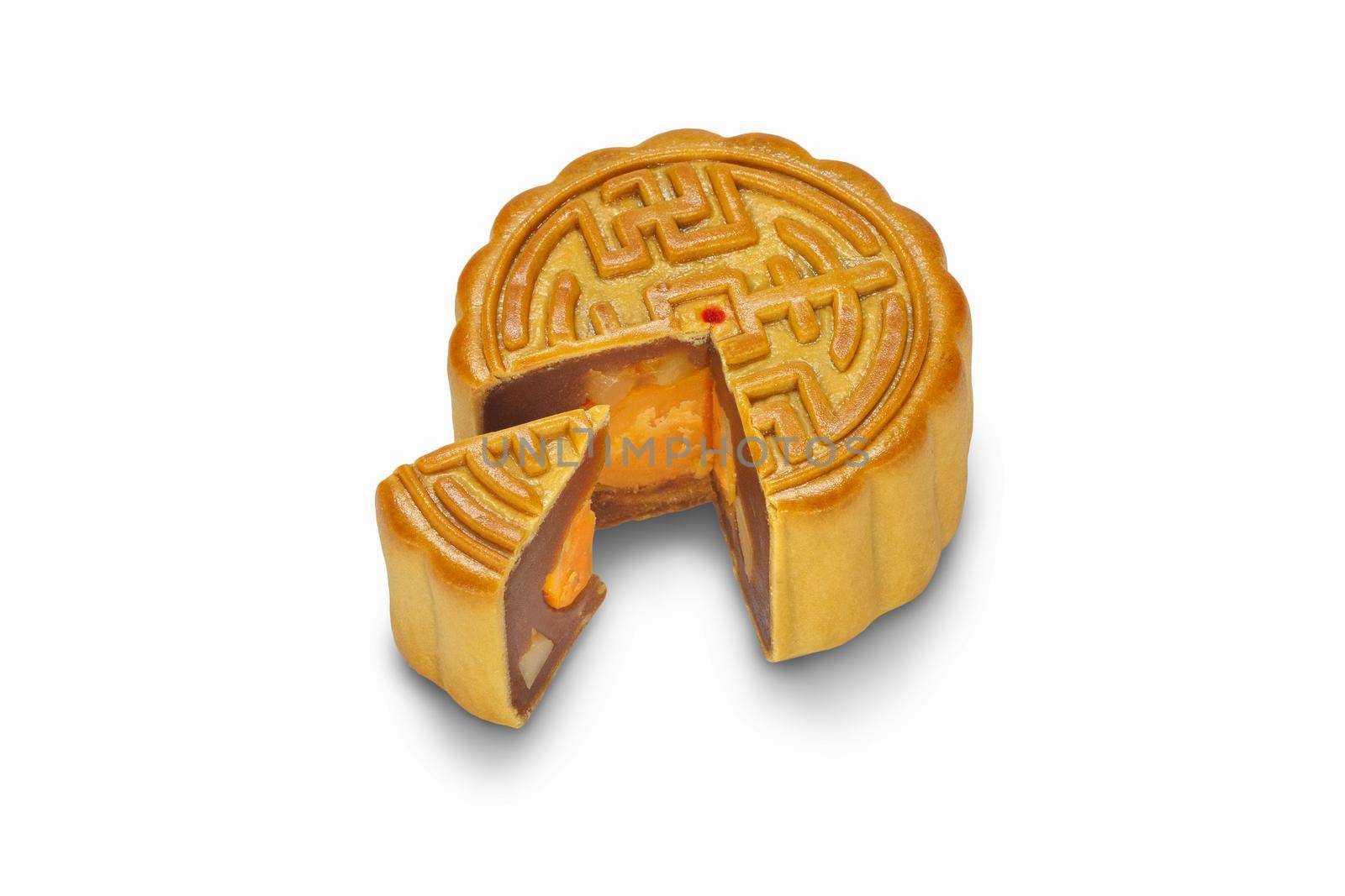 Traditional Mooncake With Durian And Egg Yolk Filling On white background