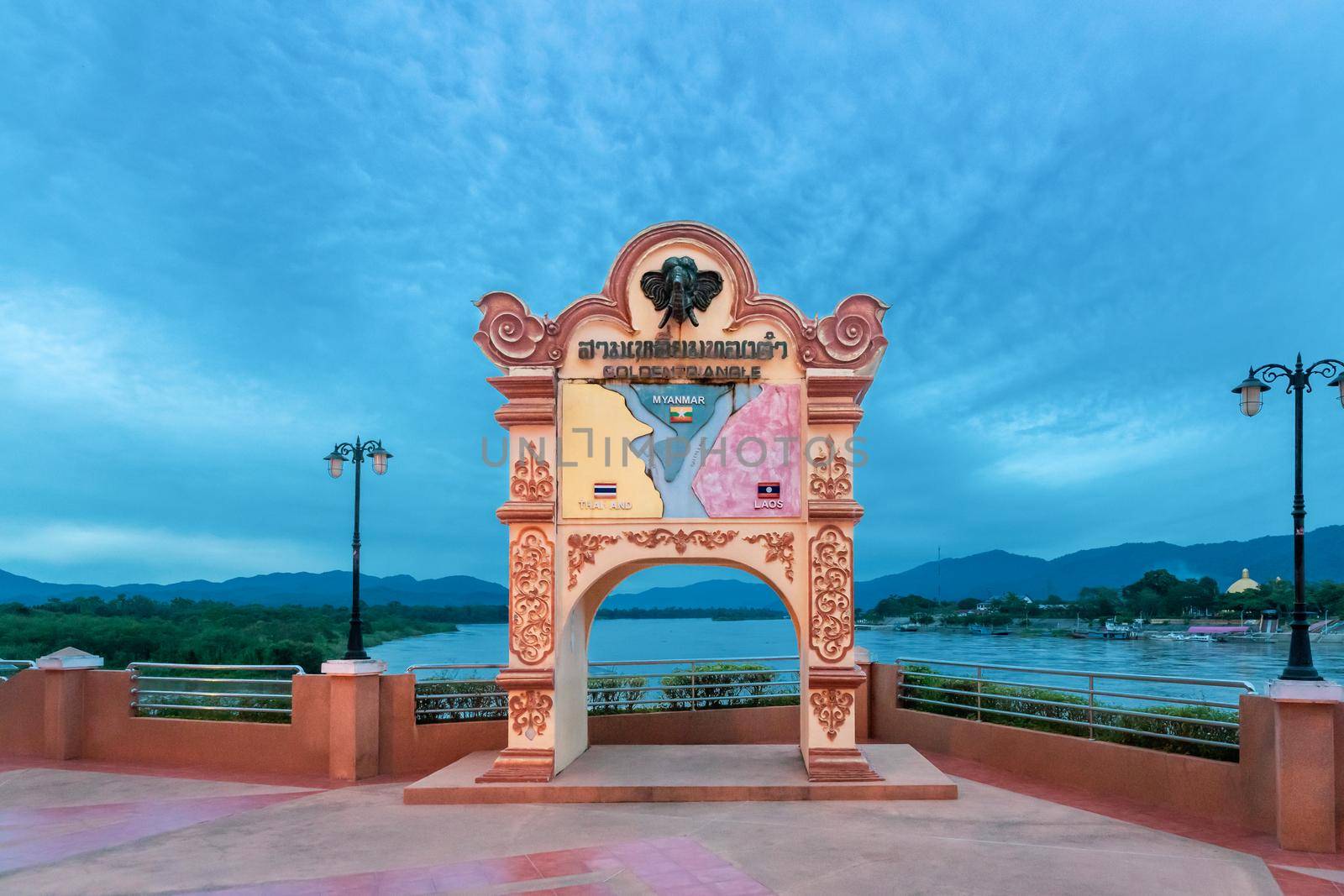 The Famous tourist attraction Golden triangle arch at Mekong river ,Chiang rai ,thailand