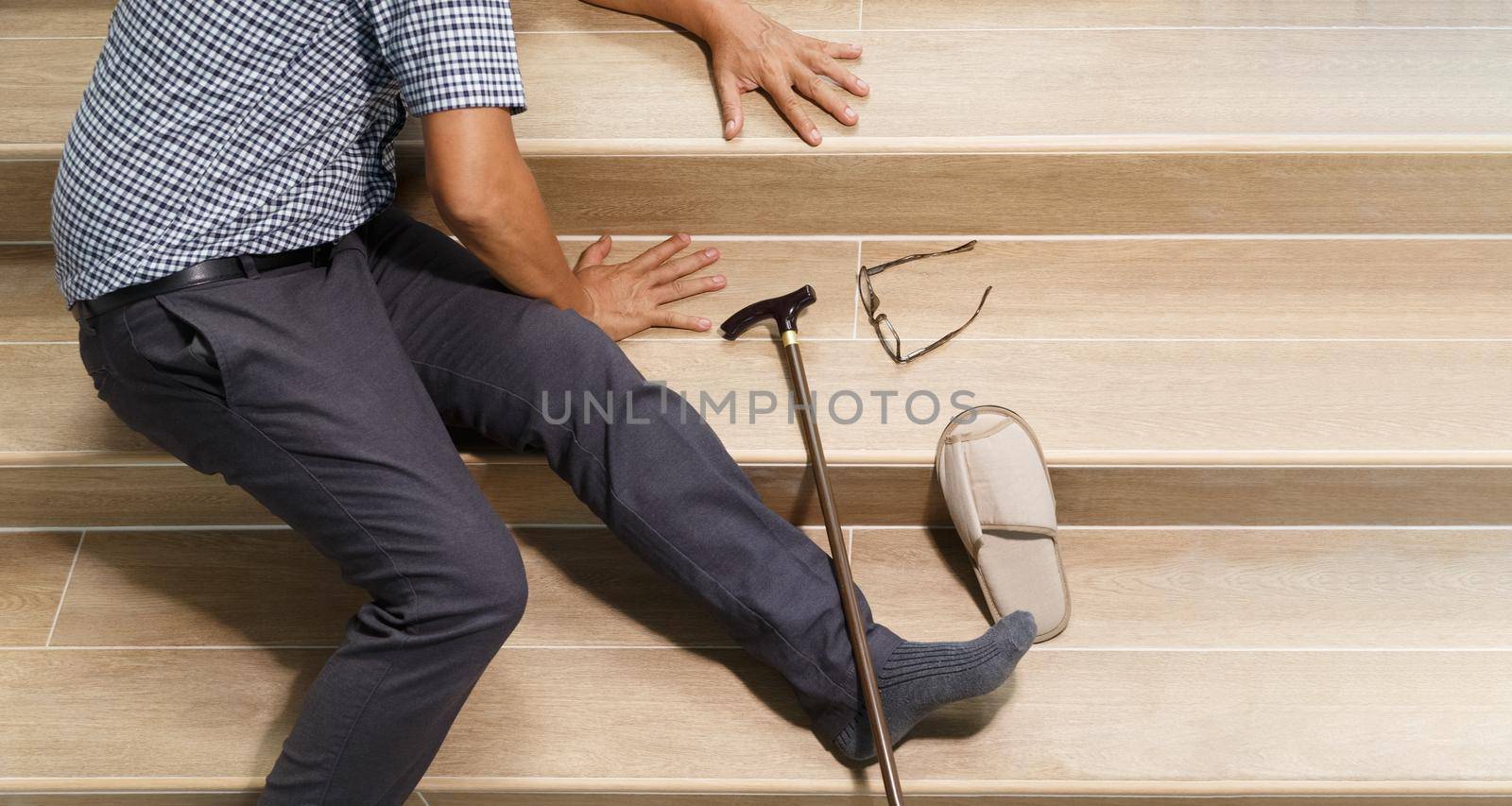Senior man with stick falling down stair by toa55