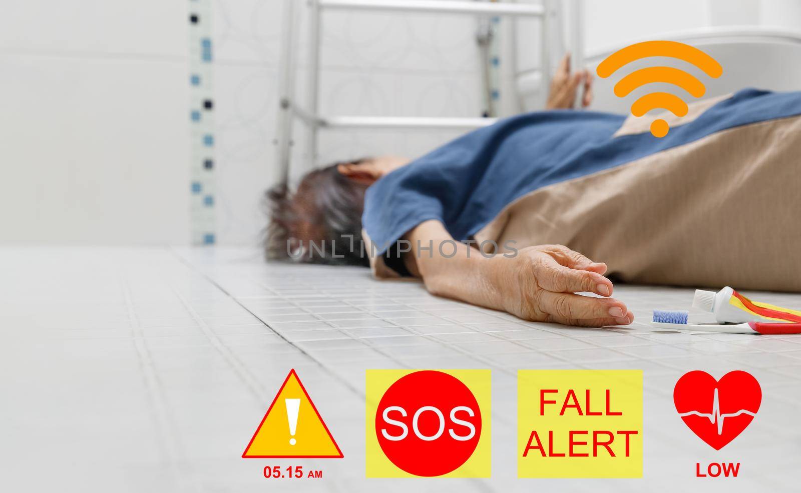 Medical fall accident detection is alert that elderly woman falling in bathroom because slippery surfaces