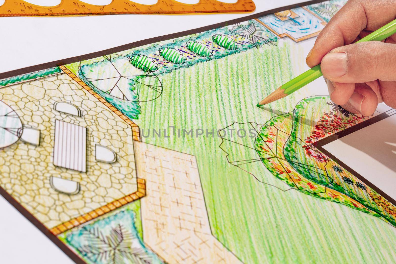 Landcape architect student design backyard garden plan in class