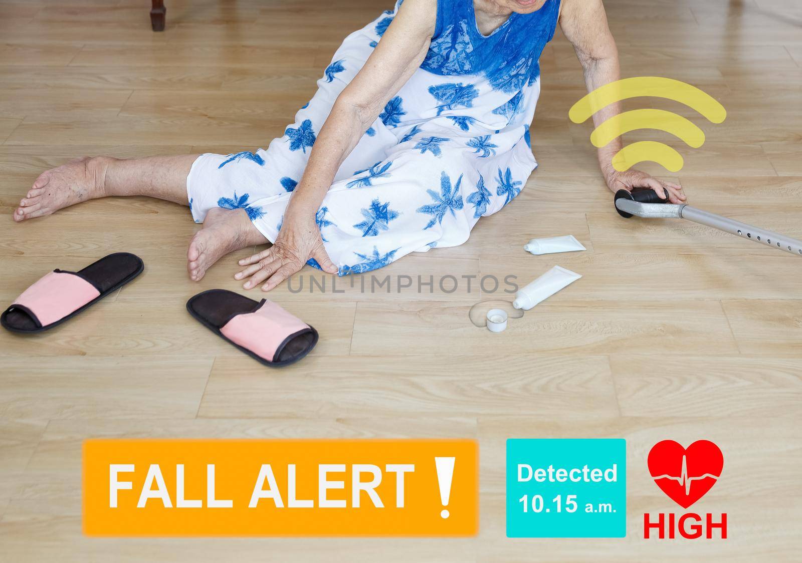 Medical fall accident detection is alert that elderly woman falling in bathroom because slippery surfaces by toa55