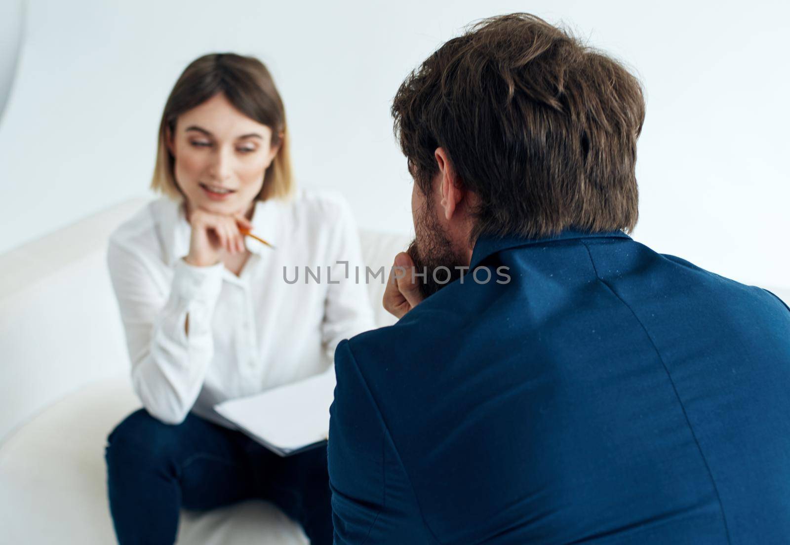 recruiting vacancies woman with documents and man in suit. High quality photo