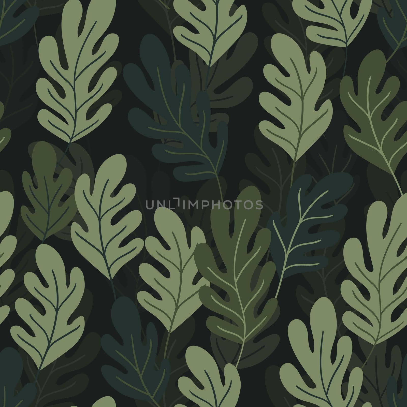 Floral seamless pattern with colorful exotic leaves on dark background. Tropic green branches. Fashion vector stock illustration for wallpaper, posters, card, fabric, textile.