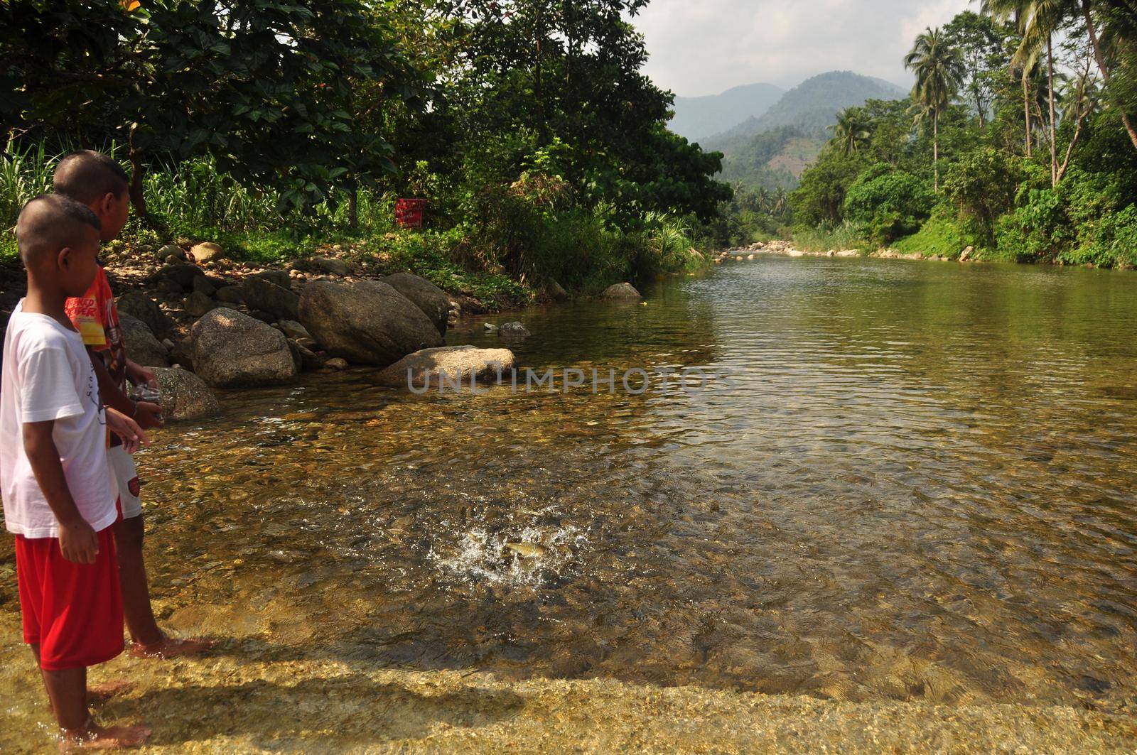 NAKHONSITHAMMARAT, THAILAND - JUNE 7, 2014: Kids in shallow clear water of pond, View of little ethnic boys standing in clear shallow water of flow with fish splashing. Mountain on background