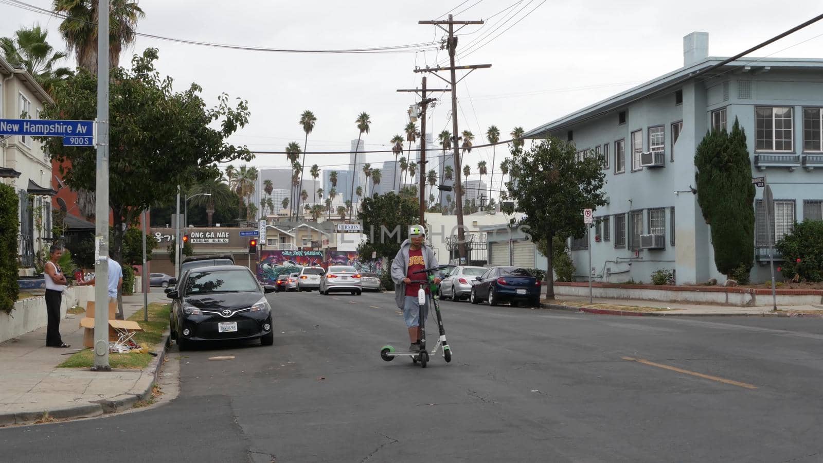 LOS ANGELES, CALIFORNIA, USA - 27 OCT 2019: Urban skyline and palms. LA city aesthetic, graffiti painting on Vermont street. Highrise skyscrapers in downtown of metropolis. Typical road intersection by DogoraSun