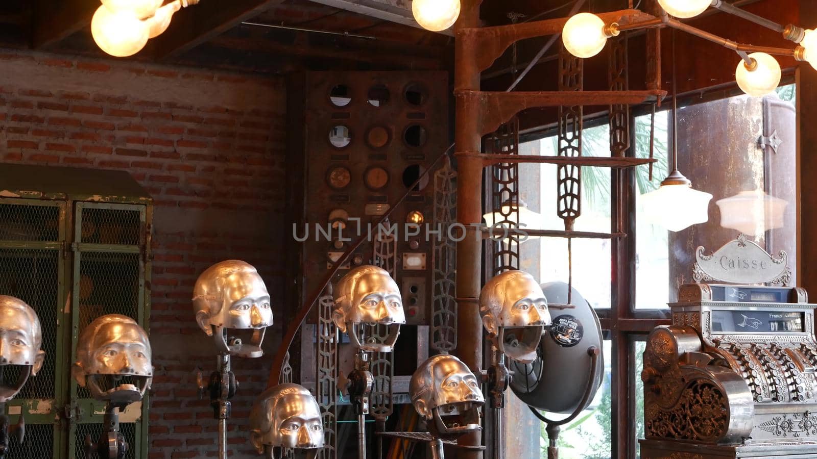 BANGKOK, THAILAND - 10 JULY, 2019: The camp vintage flea market near Chatuchak. Modern design of retro style boutique art shop of old antiques. Decoration of popular strange fashion city landmark