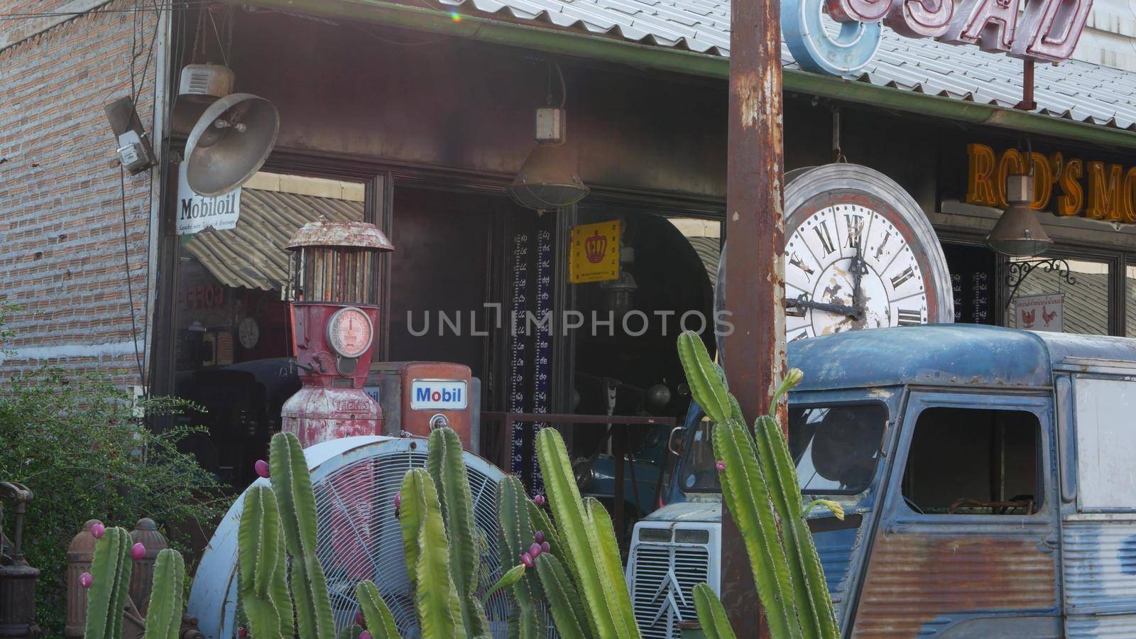 BANGKOK, THAILAND 12 JULY 2019 Rod Fai Talad retro night train market. Popular asian hipster street flea marketplace with old-fashioned vintage styled decor and second hand aged antique goods for sale by DogoraSun