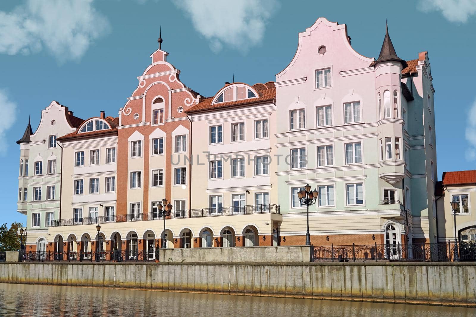 Urban landscape with views of the embankment and buildings. Kaliningrad, Russia