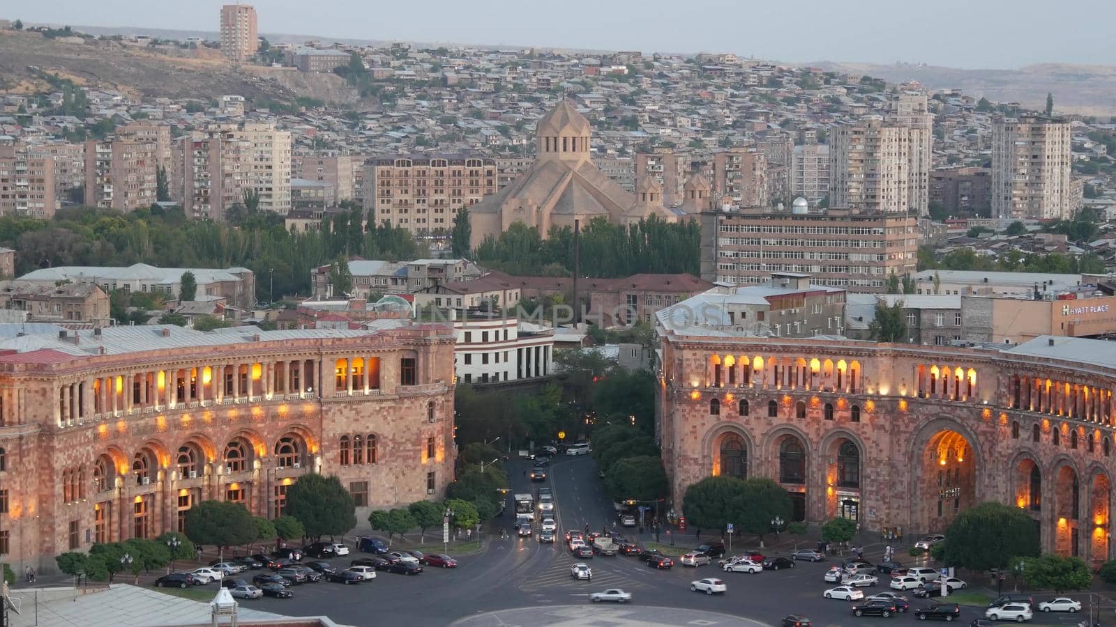 YEREVAN, ARMENIA, CAUCASUS, 28 AUGUST 2019 Saint Gregory the Illuminator Cathedral, Central Republic Square, Kentron, caucasian armenian capital, soviet architectural heritage, downtown classic view