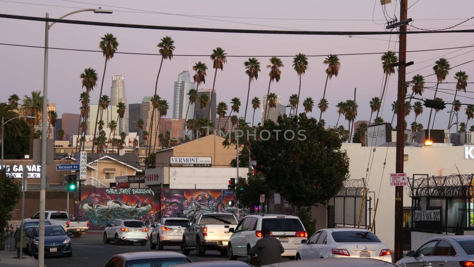 LOS ANGELES, CALIFORNIA, USA - 30 OCT 2019: Urban skyline and palms. LA city night aesthetic, graffiti painting on Vermont street. Highrise skyscrapers in downtown of metropolis. Road intersection by DogoraSun