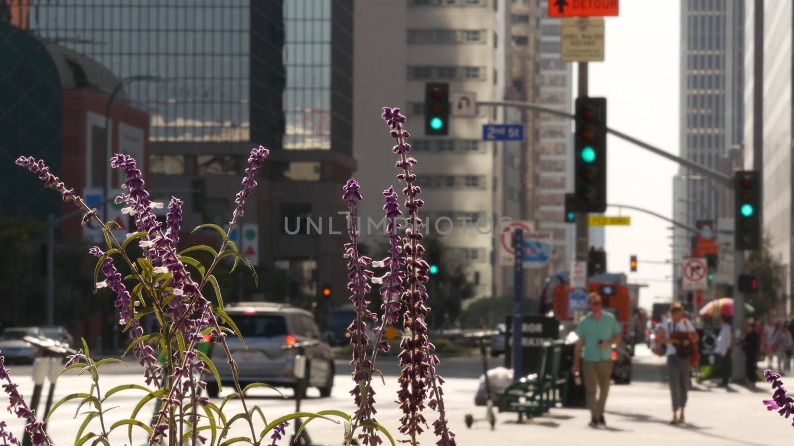 LOS ANGELES, CALIFORNIA, USA - 30 OCT 2019: People walking in metropolis, pedestrians on walkway in urban downtown. Citizens on street in financial district. City dwellers in LA among skyscrapers.