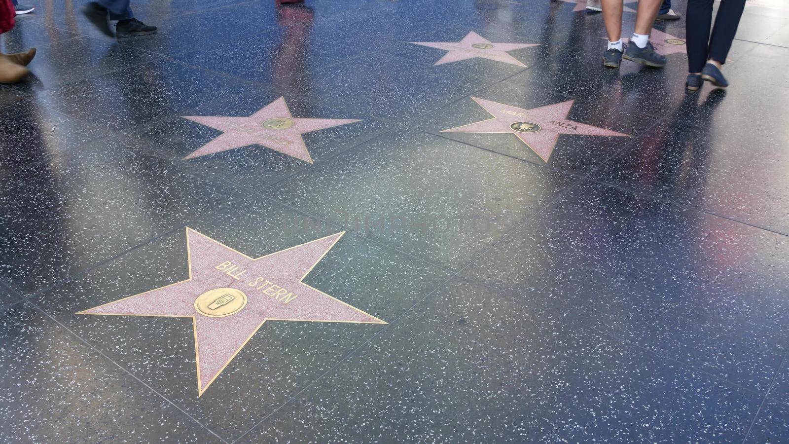 LOS ANGELES, CALIFORNIA, USA - 7 NOV 2019: Walk of fame promenade on Hollywood boulevard in LA. Pedastrians walking near celebrity stars on asphalt. Walkway floor near Dolby and TCL Chinese Theatre by DogoraSun