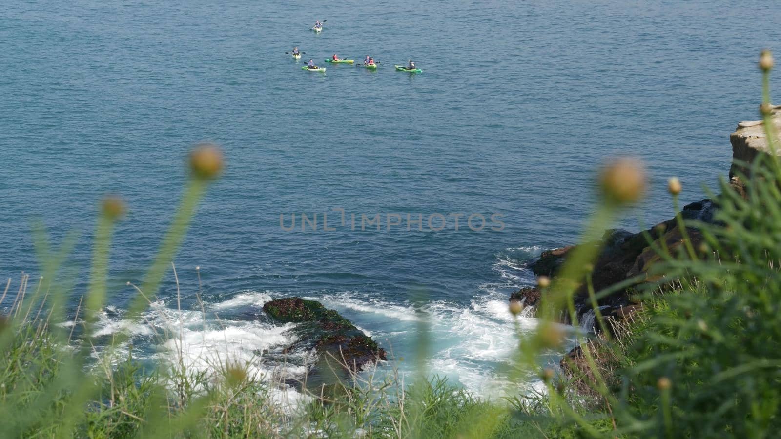 La Jolla, San Diego, CA USA -24 JAN 2020: Group of people on kayaks in ocean, active tourists on canoe paddling and looking for seal. View from steep high cliff. Leisure during vacations and holidays by DogoraSun