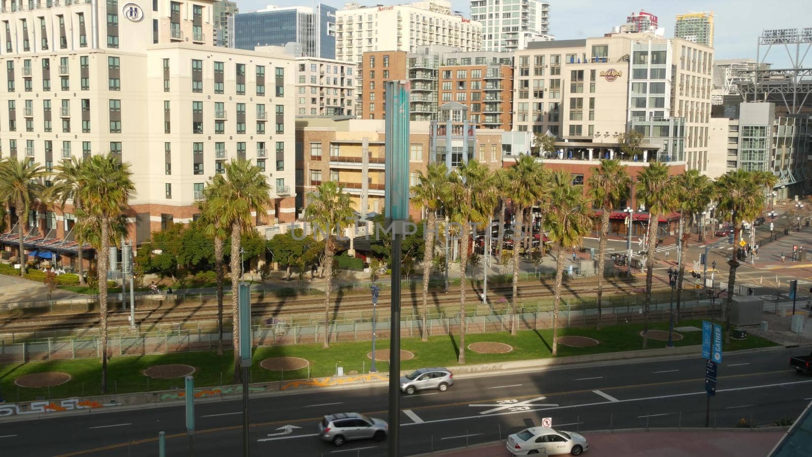 SAN DIEGO, CALIFORNIA USA - 30 JAN 2020: Metropolis urban skyline, highrise skyscrapers, city downtown. From above aerial view, various buildings in Gaslamp Quarter. Overlook the financial district by DogoraSun