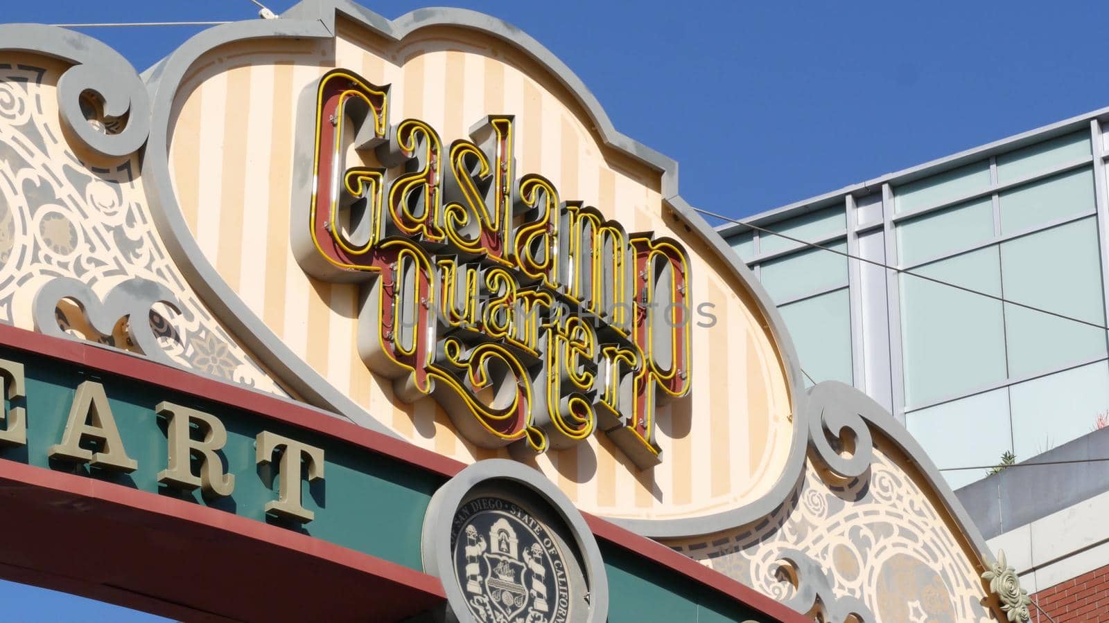 SAN DIEGO, CALIFORNIA USA - 13 FEB 2020: Gaslamp Quarter historic entrance arch sign. Retro signboard on 5th ave. Iconic vintage signage, old-fashioned tourist landmark, city symbol and sightseeing by DogoraSun