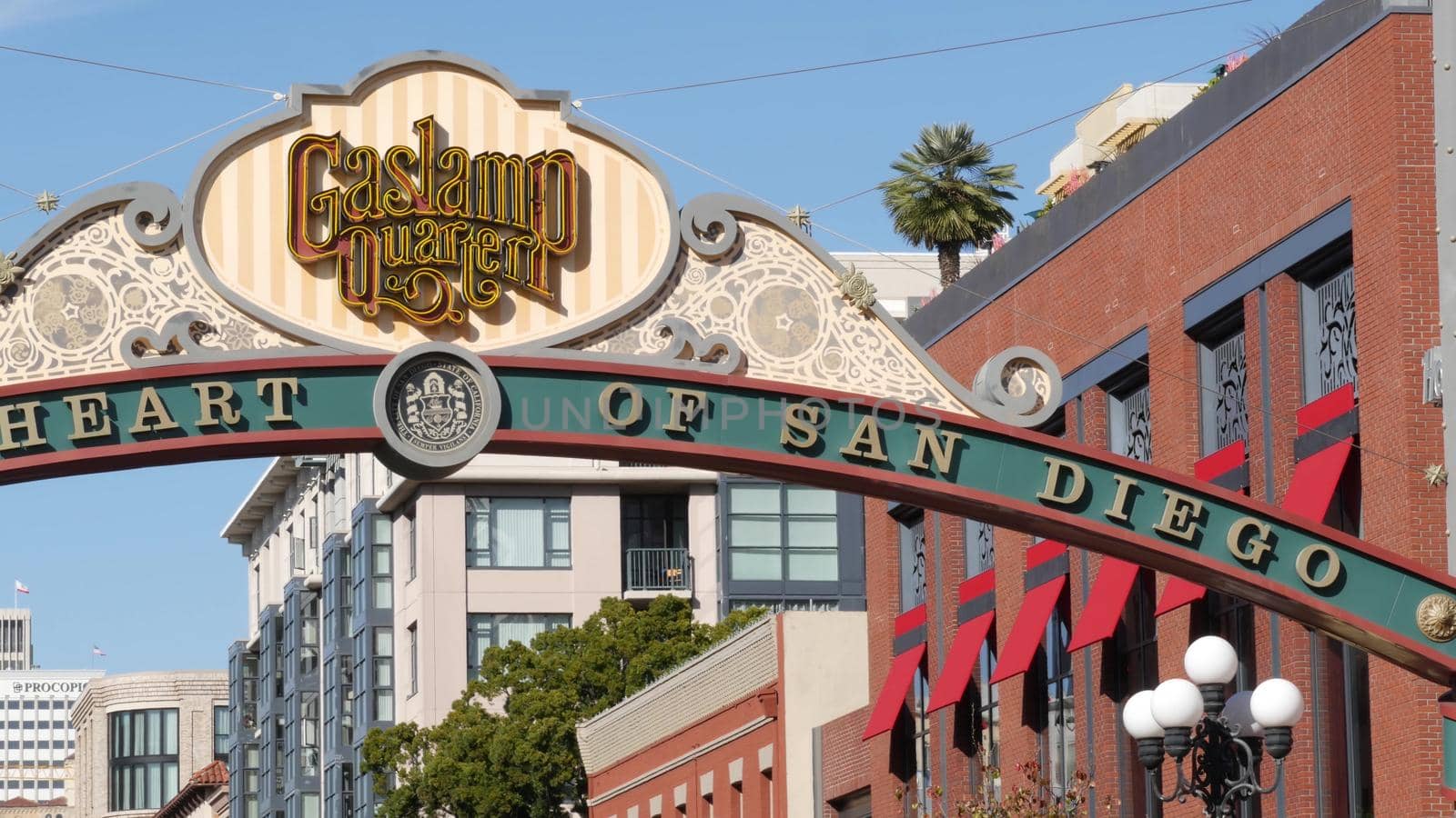 SAN DIEGO, CALIFORNIA USA - 13 FEB 2020: Gaslamp Quarter historic entrance arch sign. Retro signboard on 5th ave. Iconic vintage signage, old-fashioned tourist landmark, city symbol and sightseeing by DogoraSun