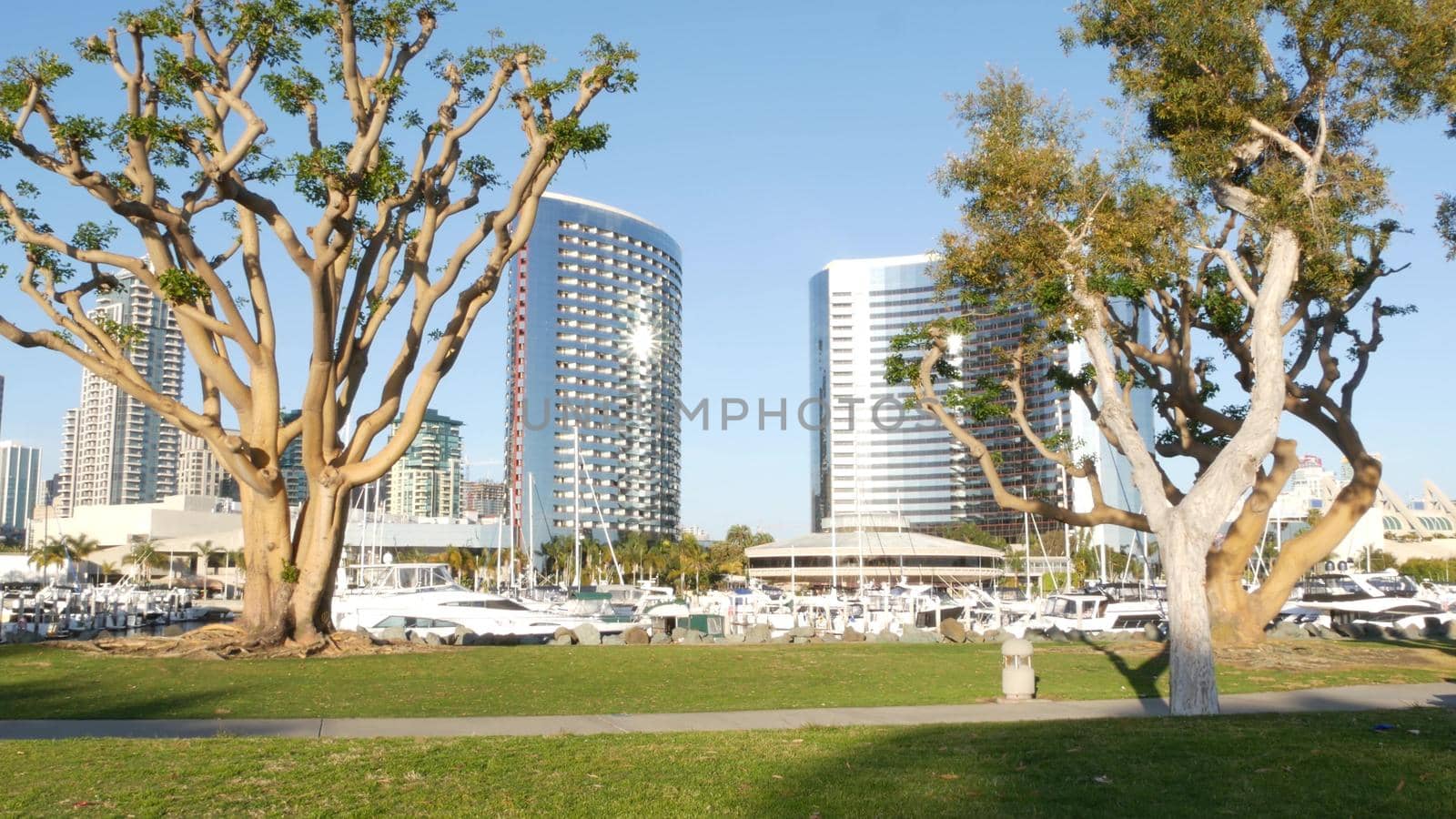 SAN DIEGO, CALIFORNIA USA - 13 FEB 2020: Embarcadero marina park near USS Midway and Convention Center. Marriott hotel near Seaport Village. Luxury yachts, highrise skyscrapers of urban skyline by DogoraSun