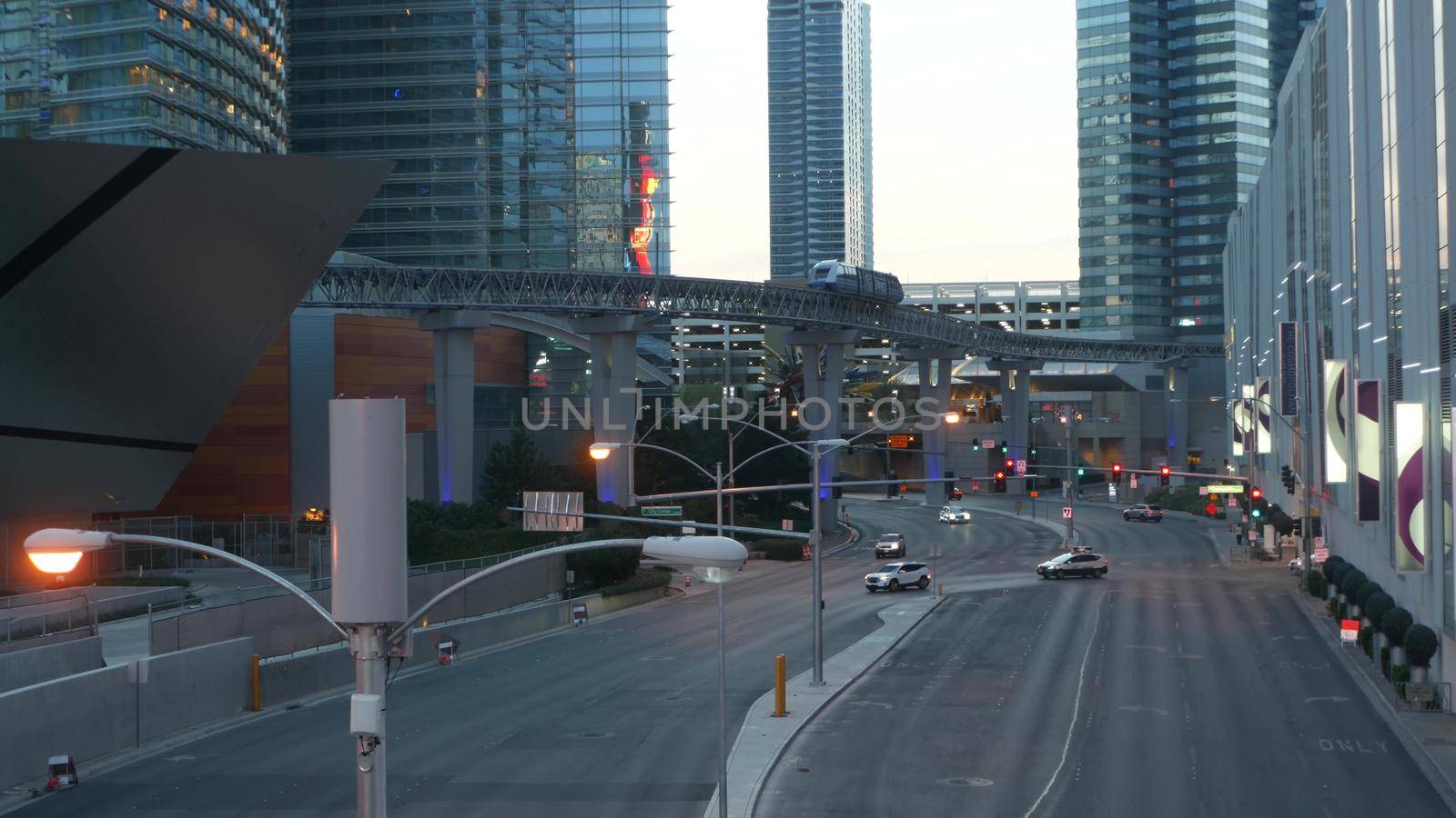 LAS VEGAS, NEVADA USA - 5 MAR 2020: Futuristic CityCenter casino complex in sin city downtown. Modern luxury hotels, unincorporated urban skyline on Harmon ave. Contemporary metropolis skyscrapers by DogoraSun