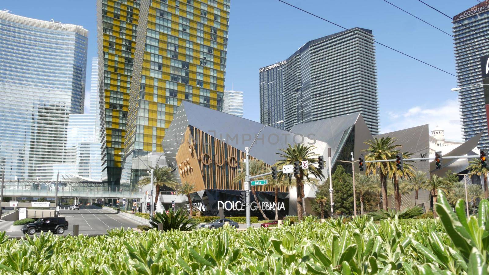 LAS VEGAS, NEVADA USA - 7 MAR 2020: Futuristic CityCenter casinos in sin city. Modern luxury unincorporated urban skyline. Contemporary metropolis highrise skyscrapers and Crystals rich shopping mall.