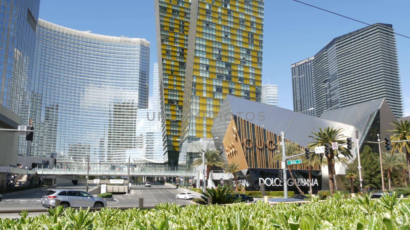 LAS VEGAS, NEVADA USA - 7 MAR 2020: Futuristic CityCenter casinos in sin city. Modern luxury unincorporated urban skyline. Contemporary metropolis highrise skyscrapers and Crystals rich shopping mall.