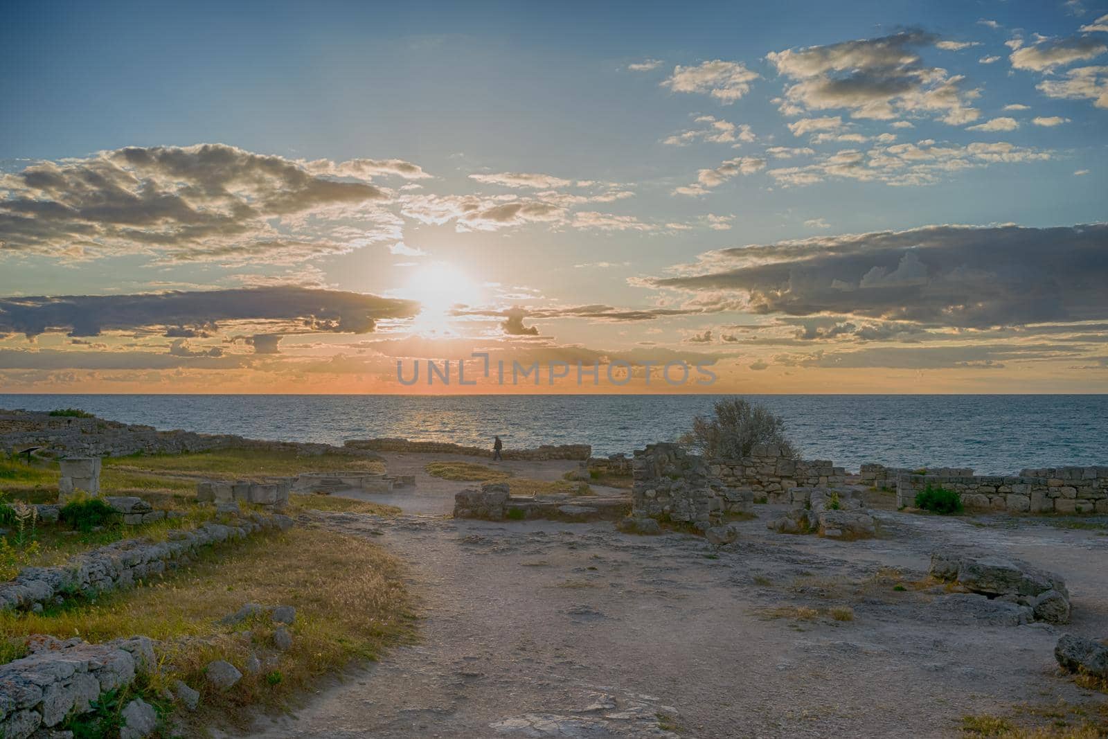 Sunset over the sea in the ancient city of Chersonesos