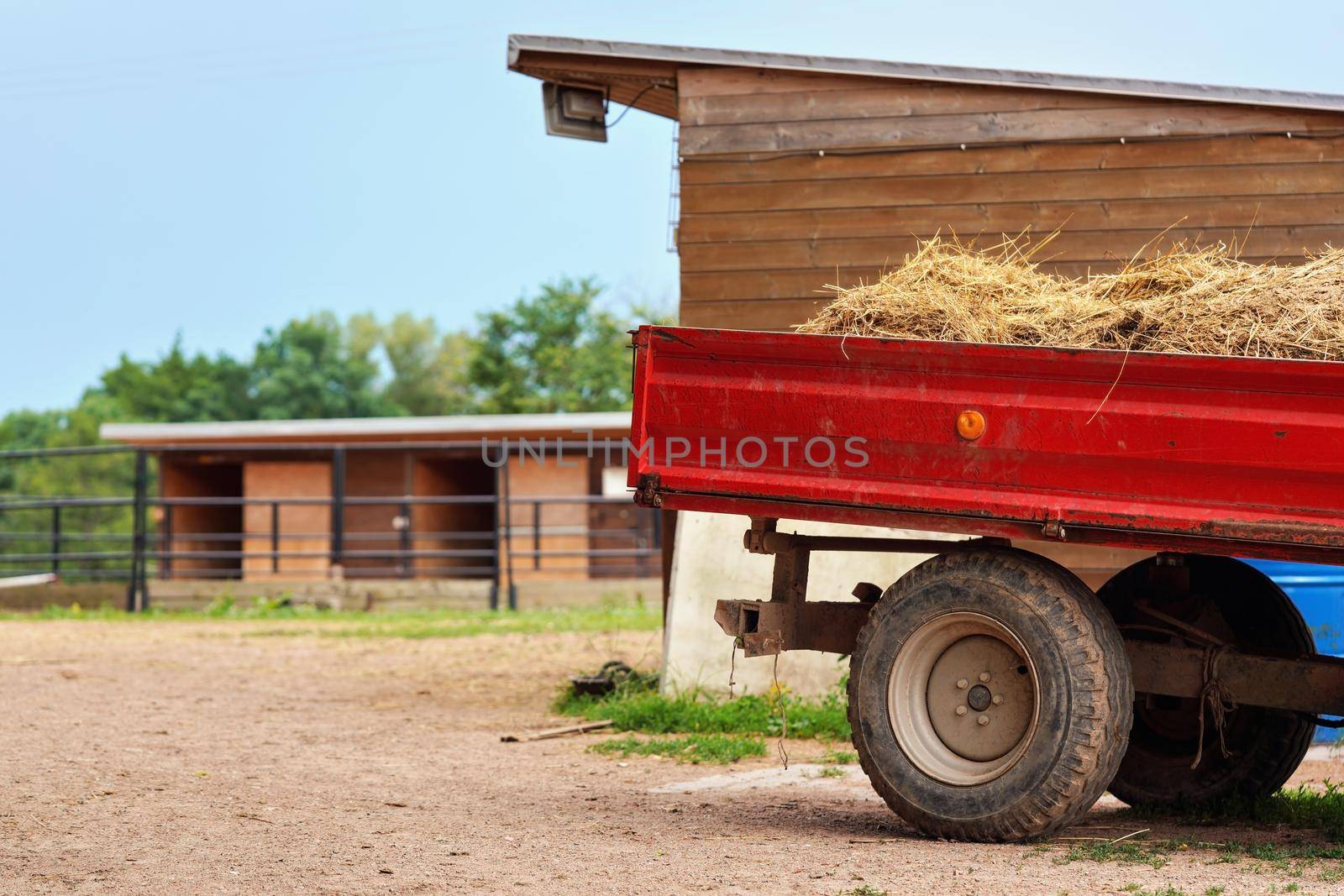 Red truck trailer with hay parked on farm, blurred stables background by Ivanko