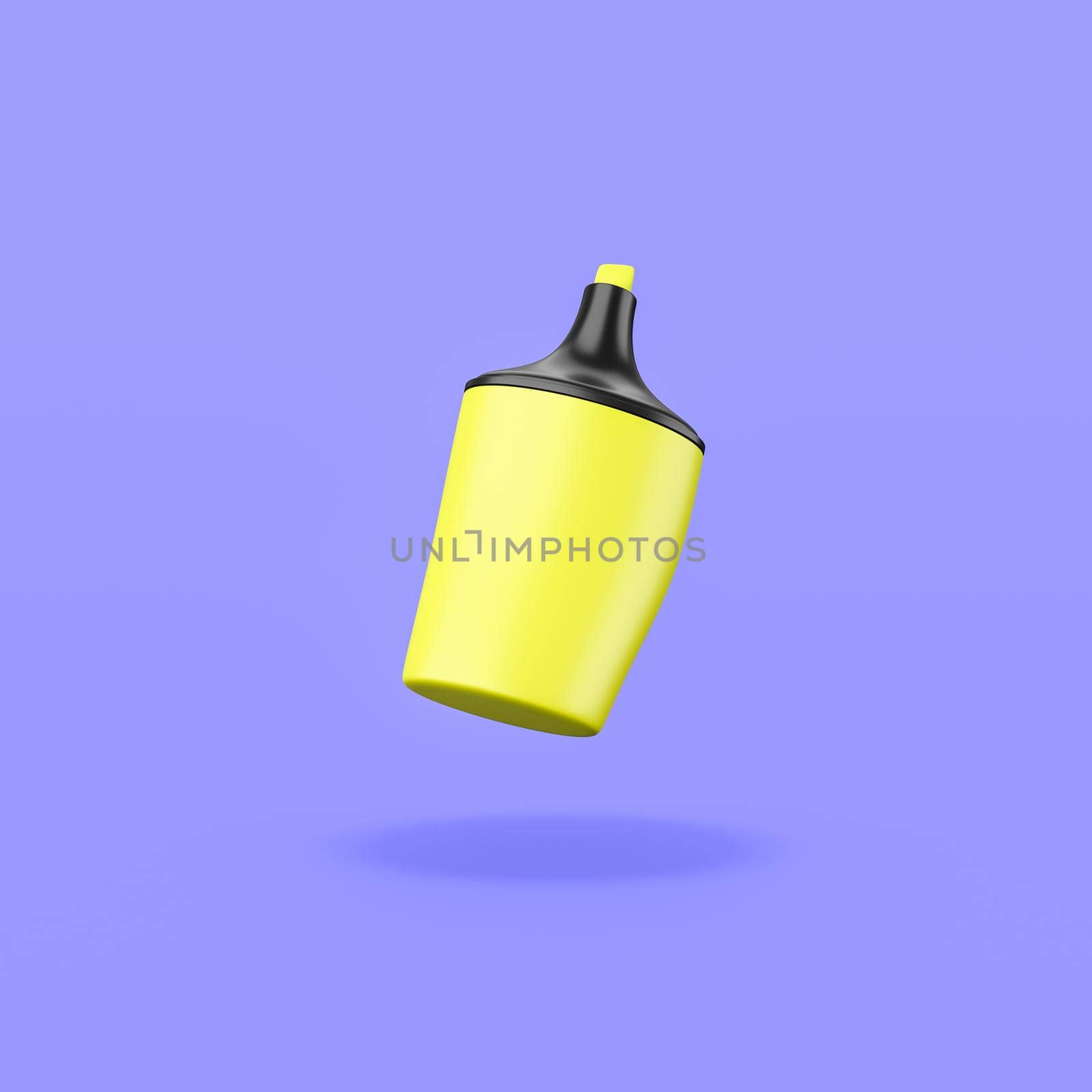 One Single Cartoon Yellow Highlighter Isolated on Flat Purple Background with Shadow 3D Illustration
