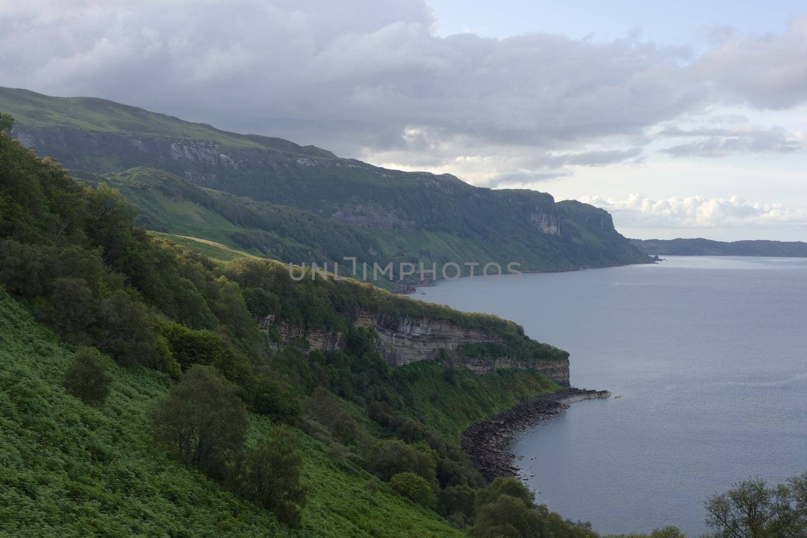 Landscape image of a green untouched coastline off the isle of raasay. A remote scottish location at sunset with a gently cloudy sky and calm sea.