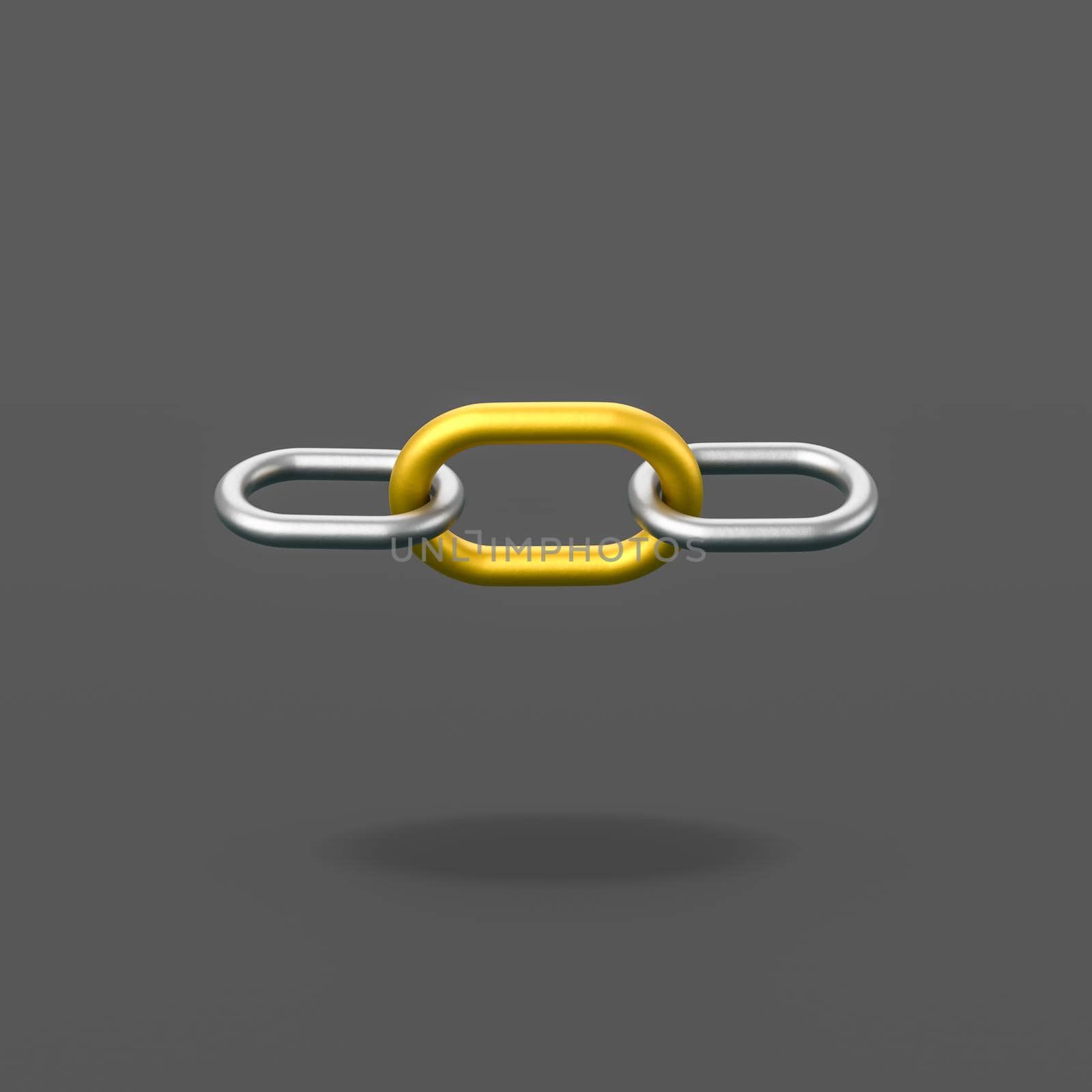 Metal Chain with One Golden Link Isolated on Flat Black Background with Shadow 3D Illustration, Join Concept