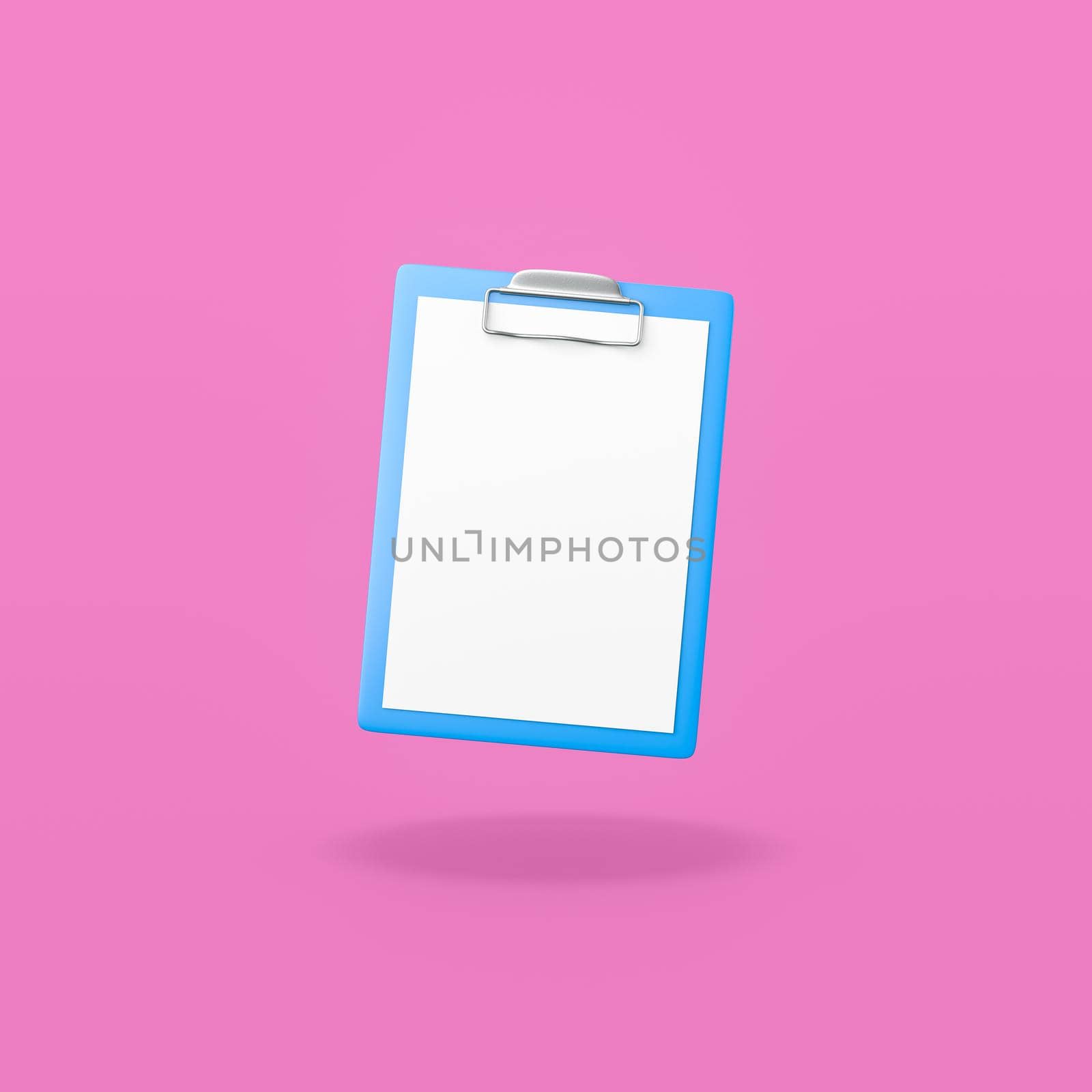 Blue Clipboard with a White Blank Sheet Paper on Flat Purple Background with Shadow 3D Illustration
