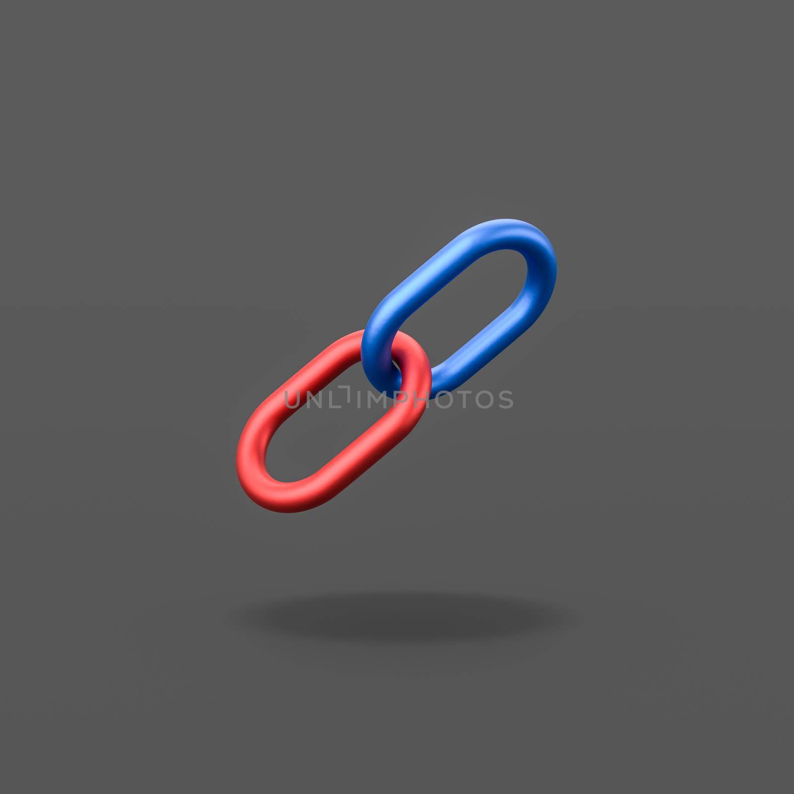 Two Red and Blue Metal Chain Links Joined Together, Isolated on Flat Black Background with Shadow 3D Illustration, Combine Concept